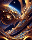 abstract pattern with gold elements on a dark background, fractal art.