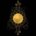 Abstract pattern with gold sun, moon, star and geometric elements on black background