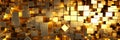 Abstract pattern of golden blocks, metal shiny cubes texture background. Panoramic banner with gold shapes and light. Concept of Royalty Free Stock Photo