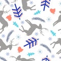 Abstract pattern Happy New Year, Merry Christmas, deer, bullfinch, Christmas trees, branches, snowflakes.For the production of Royalty Free Stock Photo