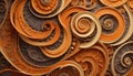 Abstract pattern with layered orange and brown paper curls.