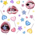 Abstract pattern with lips and lollipops. Sexy woman lips with pink holding lollipop, beauty close up Royalty Free Stock Photo