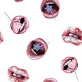 Abstract pattern with lips and lollipops. Sexy woman lips with pink holding lollipop, beauty close up Royalty Free Stock Photo