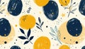 Abstract pattern with organic shapes and botanical elements. Organic blobs and leaves arranged in a modern doodle style. Yellow, Royalty Free Stock Photo