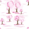 abstract pattern pastel color style. Trees with pink leaves and brown trunks on the white background Royalty Free Stock Photo