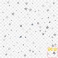 Abstract pattern of random falling silver stars on transparent background