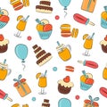 Abstract pattern seamless vector pattern background. Set of drinks, pastries, sweets, gifts for the holidays. Great for fabric,