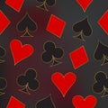 Abstract pattern of symbols of card suit - clubs, tambourines, spades, hearts with a golden outline on the original background.