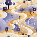 Abstract pattern with trees and a winding road in light violet and amber (tiled)