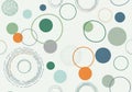 Abstract pattern with various sized circles and ring shapes in shades of green, blue, orange, and Royalty Free Stock Photo