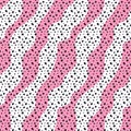 Abstract pattern of white waves and dark blue dots on pink backgrounds. Cute contrast seamless vector pattern.