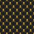 Abstract pattern. Yellow skulls on a black background. Death in the dark. Crossbones. Vector illustration in a flat style