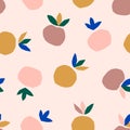 Abstract Peach Seamless Pattern with Leaves in a Trendy Minimalist Style. Vector Collage Background from Fruit