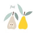 Abstract pear fruit with leaves, childish hand drawn doodle sketch isolated on white background. Flat vector Royalty Free Stock Photo