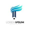 Abstract pencil logo with wing design vector, blue color
