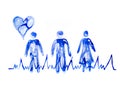 Abstract people made of beautiful watercolour effects. Heart symbol and puls trace line. Medical and health concept background. Wa