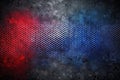 Abstract perforated metal sheet with grunge texture and red and blue lighting effects. Generative AI Royalty Free Stock Photo