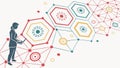 Abstract Person Interacting with Geometric Network and Hexagons, vector design Generative AI Royalty Free Stock Photo