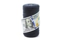 Abstract photo with American dollars on spool with black threads isolated on white background