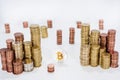 Abstract photo of cryptocyrrency. Some big crypto currency coins with euro coins.