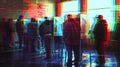 Abstract photo of diverse people engaged in voting at US election booths with sunlight streaming in