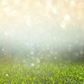 Abstract photo of fresh grass field and bright bokeh lights. cross proccess effect