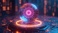 Abstract photo, quantum computing with AI for cybersecurity. Glowing sphere on circuit board advanced tech, data processing, Royalty Free Stock Photo