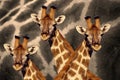 Abstract photo of three giraffe heads against a giraffe skin pattern
