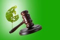 Abstract photo with wooden gavel and damaged green leaf isolated on green background as symbol of damage to nature and ecology due