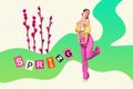 Abstract photo work collage dancing excited funny asian fashion model enjoying spring season isolated colorful