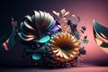 Abstract picture of 3d generated flowers in unique style. Generative AI