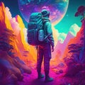 Abstract picture of man. Tourist with a backpack is traveling. Beautiful colorful illustration. style. Generative AI