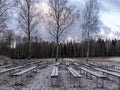 Abstract picture with snowy benches