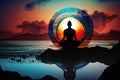 abstract picture of a yogi sitting in a lotus position facing the sunset at the water's edge and the outlines of