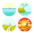 Abstract picturesque seascapes and landscape in round icons