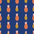 Abstract pineapples pink orange gold on blue seamless vector pattern. Repeating colorful tropical background. Hand drawn Royalty Free Stock Photo