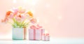 Abstract pink background with tulips and gift boxes. Valentines Day, Mothers Day. Banner.