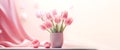 Abstract pink background with tulips. Valentines Day, Mothers Day. Banner.