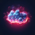 Abstract pink blue neon cloud glowing from inside, isolated on dark blue background