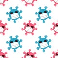Abstract pink and blue viruses cartoon wear mask seamless pattern background.