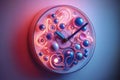 Abstract pink clock on wall with floating molecules. Royalty Free Stock Photo