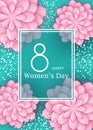 Abstract Pink Floral Greeting card - International Happy Women`s Day - 8 March holiday background with paper cut Frame Flowers. Royalty Free Stock Photo