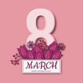 Abstract Pink Floral Greeting card - International Happy Women`s Day - 8 March holiday background with paper cut Frame Flowers. Royalty Free Stock Photo