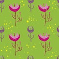 Abstract pink flowers, green background. Seamless pattern