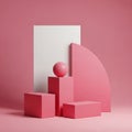 Abstract pink geometric shapes including cubes, a sphere, and a curved panel on a pink background Royalty Free Stock Photo