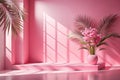 Abstract pink gradient studio background for product presentation. The room is empty with window shadows, flowers and palm leaves Royalty Free Stock Photo