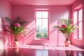 Abstract pink gradient studio background for product presentation. The room is empty with window shadows, flowers, and palm leaves Royalty Free Stock Photo