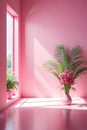Abstract pink gradient studio background for product presentation. The room is empty with window shadows, flowers, and palm leaves Royalty Free Stock Photo