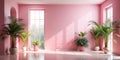 Abstract pink gradient studio background for product presentation. The room is empty with window shadows, flowers, and palm leaves Royalty Free Stock Photo