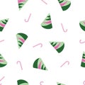 Abstract pink and green christmas trees and candy sticks on white background. Seamless repeat pattern for christmas holidays. Royalty Free Stock Photo